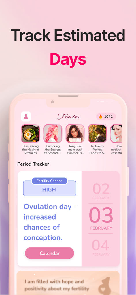 Period Tracker－Pregnancy・Femin - Interfaz de la aplicación Femin que muestra una alta probabilidad de fertilidad y predicción del día de ovulación con vista de calendario.