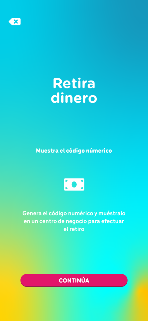 YOLO - Pantalla de la app móvil YOLO explicando cómo retirar efectivo generando un código numérico para usar en centros comerciales