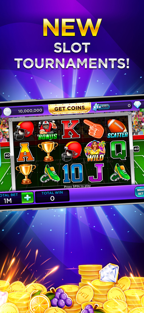 Play To Winゲームのスクリーンショット、サッカーをテーマにしたスロットマシンと新しいスロットトーナメントのテキストを表示