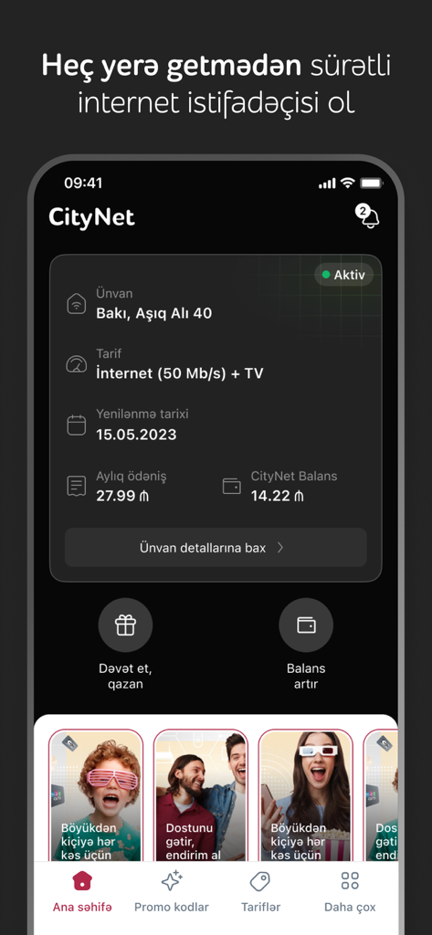 CityNet - Pantalla de inicio de la aplicación móvil CityNet mostrando el estado de la cuenta, la tarifa de Internet y el saldo.