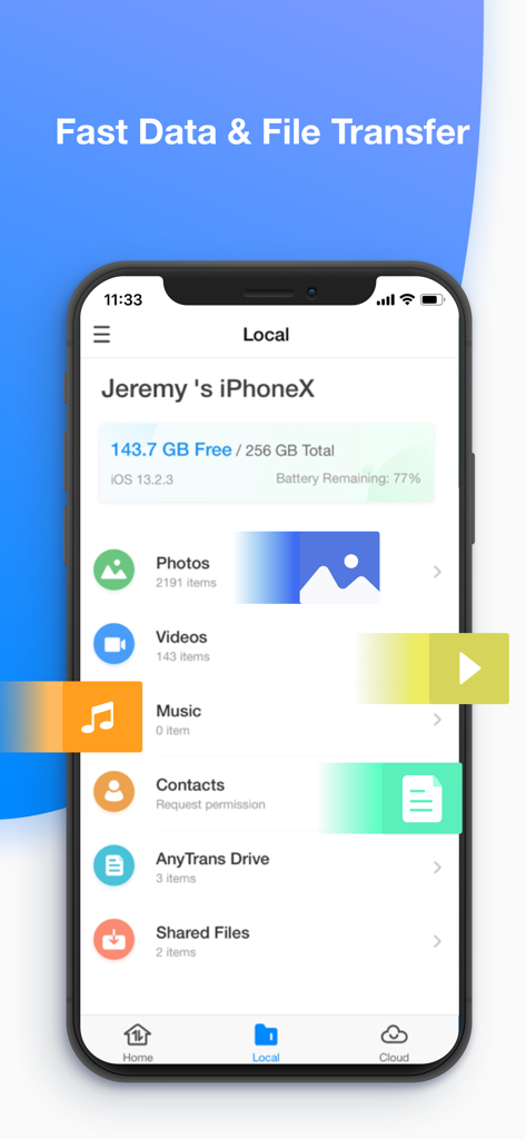 AnyTrans app showing iPhone local storage and file categories like photos and videos