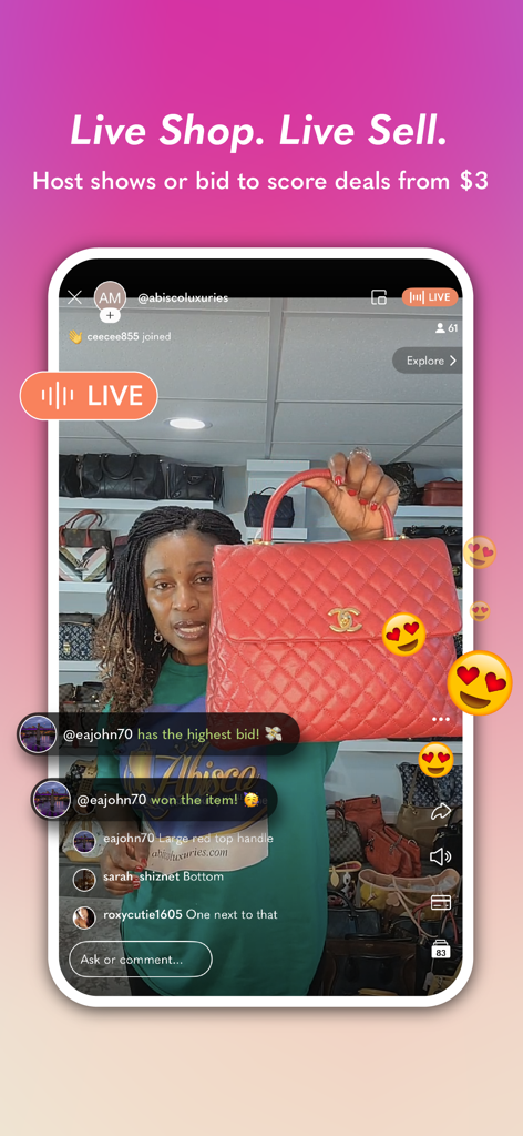 Poshmark: Buy & Sell Fashion - ホストがリアルタイムのユーザー入札とリアクションで赤いデザイナーハンドバッグをオークションしているPoshmarkライブショッピングショー