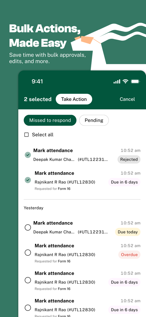 HROne mobile app interface showing bulk actions for HR task management and attendance approvals.