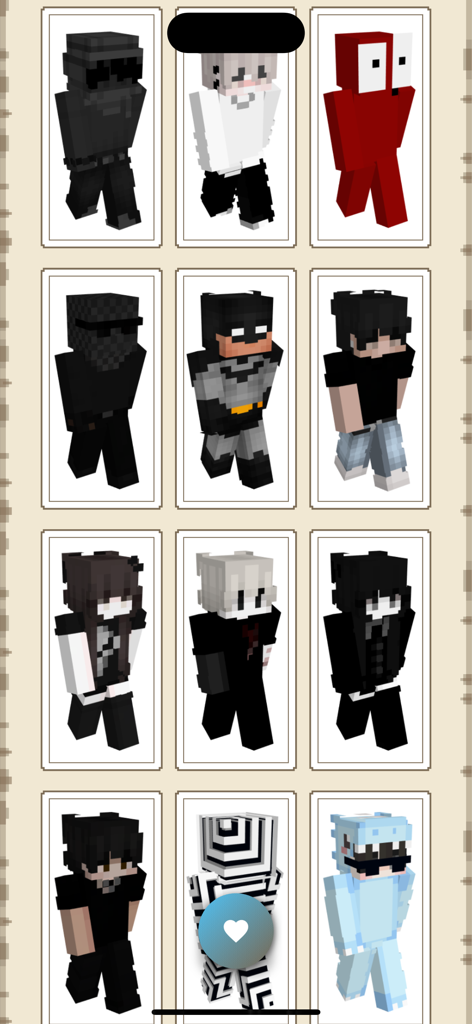 Grid display of various Minecraft character skins including superhero and aesthetic styles