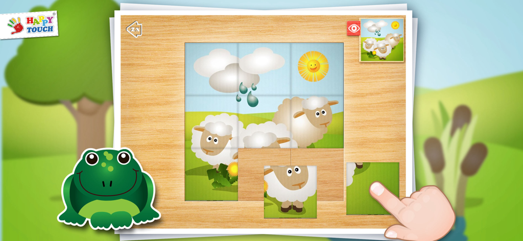 Toddler solving a sheep puzzle in a meadow