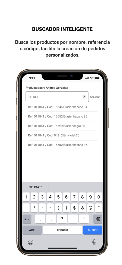 Negocio Leonisa app interface showing the intelligent search tool for finding products by reference or code