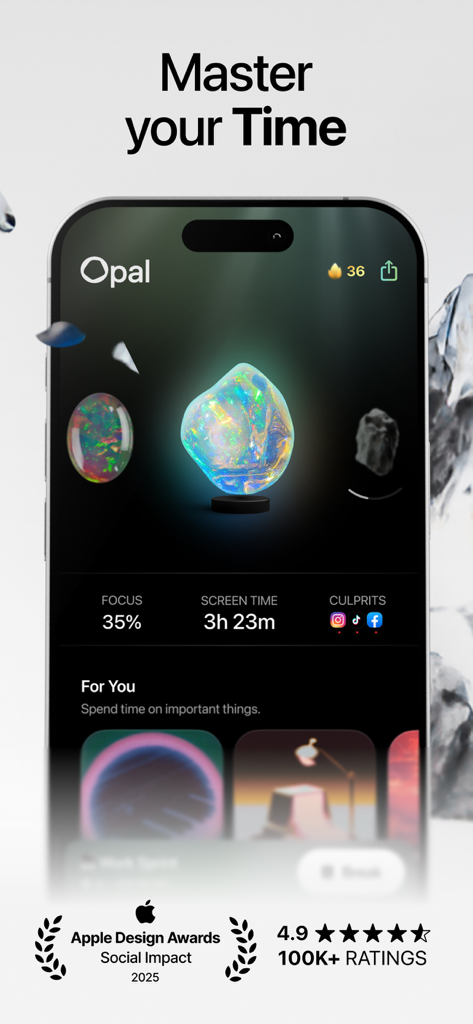 Opal app interface showing screen time and focus stats with an Apple Design Award badge