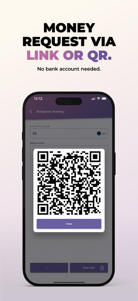 Beans App - Beans App screen displaying a QR code for a 25 Euro money request.