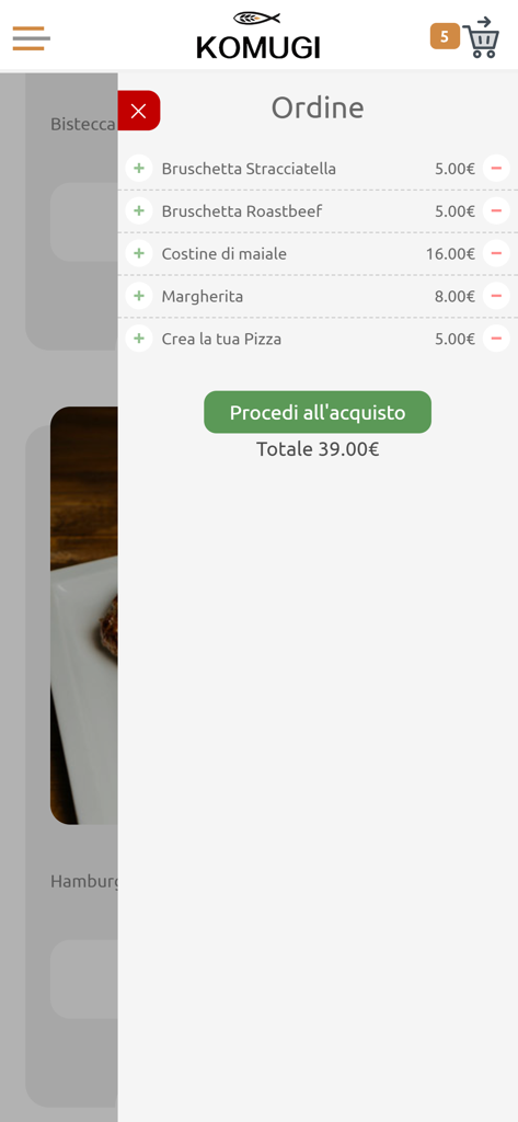 La schermata del riepilogo dell'ordine dell'app mobile Komugi Sushi che mostra un elenco di articoli alimentari e il prezzo totale.