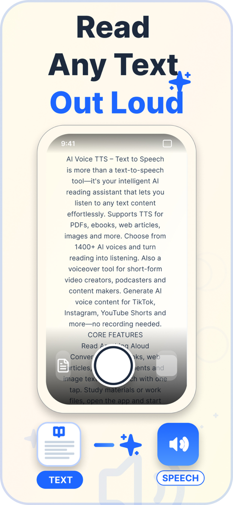 AI Voice TTS – Text to Speech - Werbebildschirm der AI Voice TTS App, der die Funktion 'Read Any Text Out Loud' mit einer Illustration der mobilen Benutzeroberfläche zeigt.