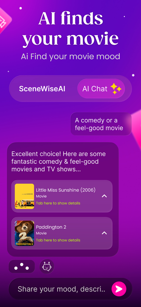 Interface de chat conversationnel PipeCalc AI recommandant des films comiques et réconfortants basés sur l'humeur de l'utilisateur