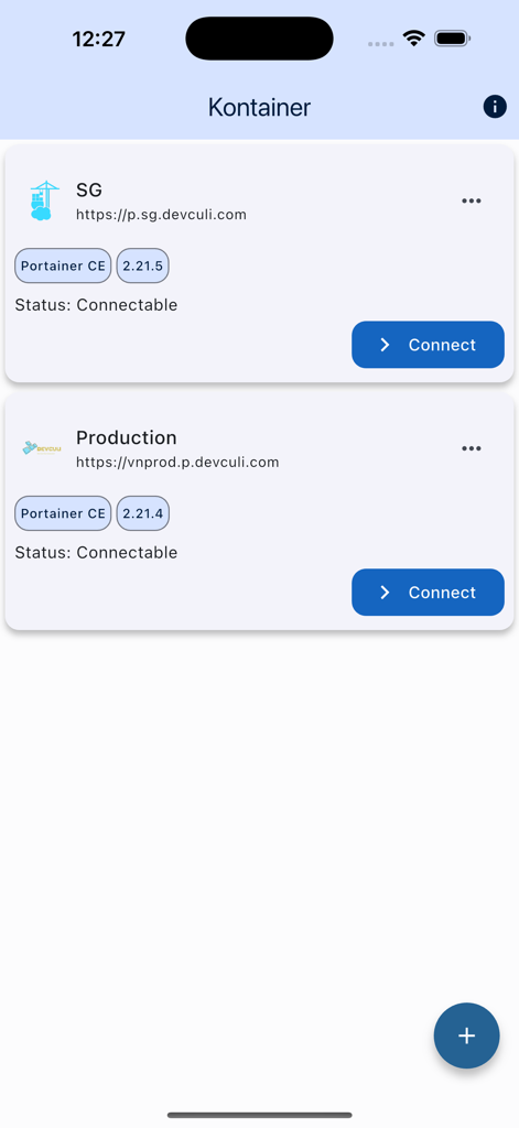Portainer - Interface do aplicativo Kontainer exibindo uma lista de ambientes Portainer conectáveis para SG e Produção