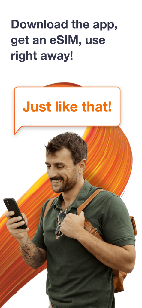 A smiling man with a backpack using his smartphone to activate an Orange Flex eSIM