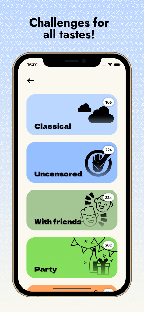 Una pantalla móvil que muestra diferentes mazos de juegos de fiesta, incluyendo Clásico, Sin Censura, Con amigos y Fiesta.