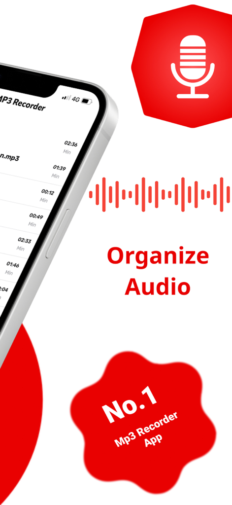 Record Audio & Mp3 Recorder - Interface of the Mp3 Recorder app showing a list of recordings and the text Organize Audio