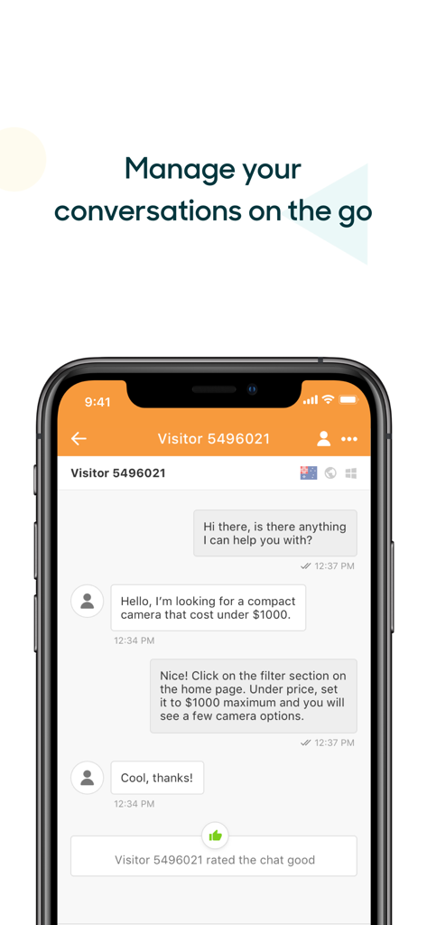 Zendesk Chat mobile App zeigt eine Live-Kundensupport-Konversation auf einem Smartphone mit einer positiven Bewertung.