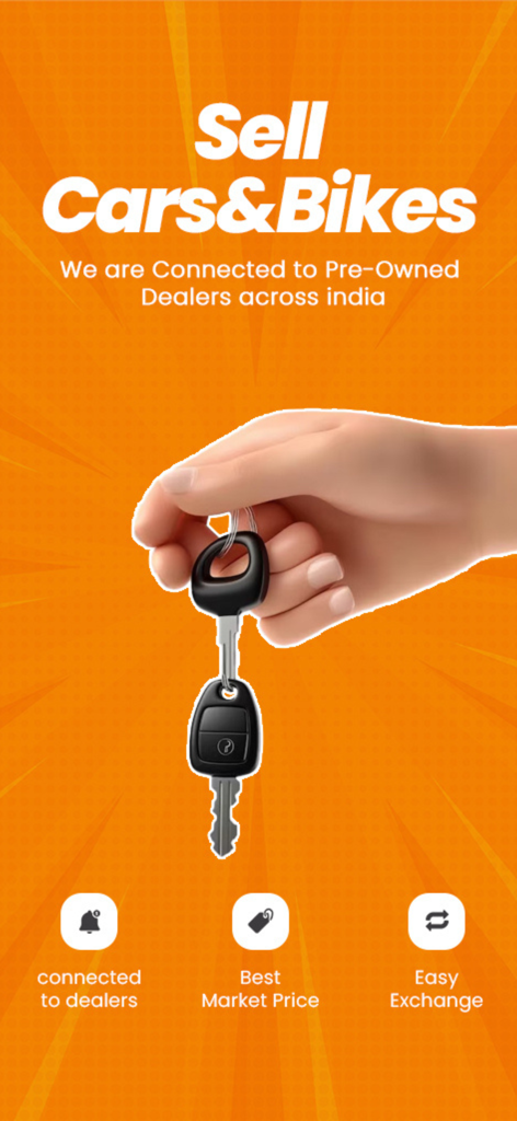 Motomap:Find Used Cars & Bikes - Pantalla promocional de la aplicación Motomap para vender coches y motos de segunda mano