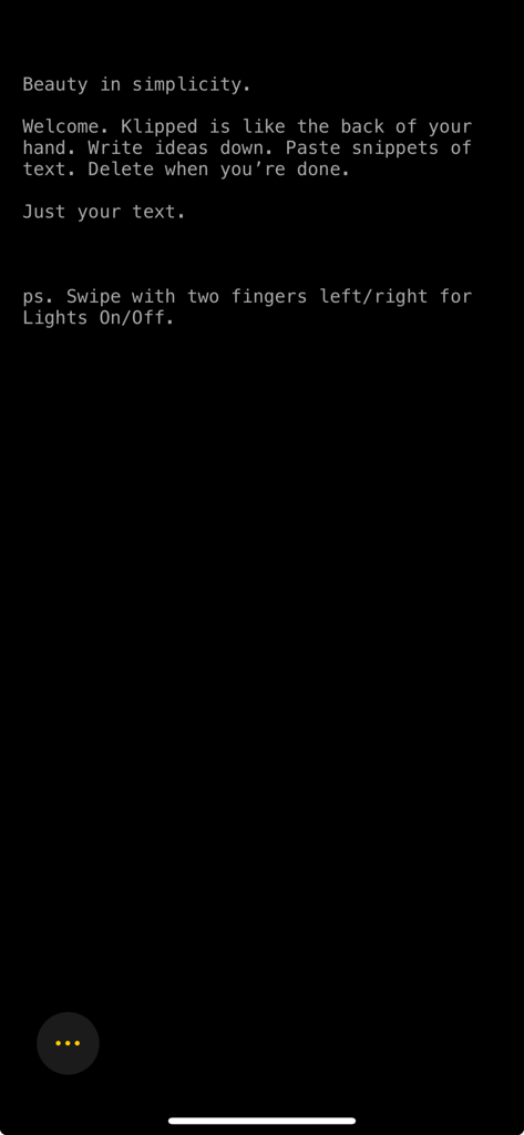 Klipped app minimalist text editor welcome screen in dark mode