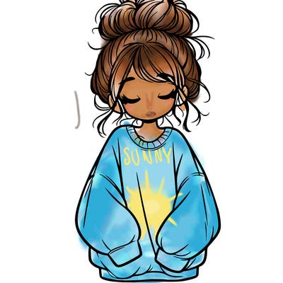 girl with baggy sweatshirt and messy bun