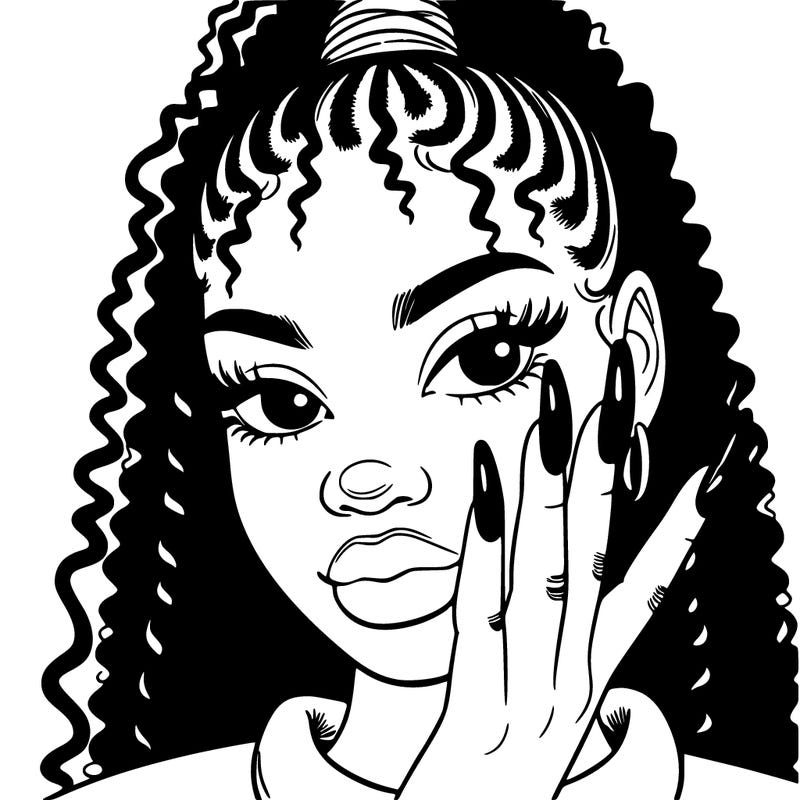 black girl with 90’s curved nails purple theme natural hair. french tip.