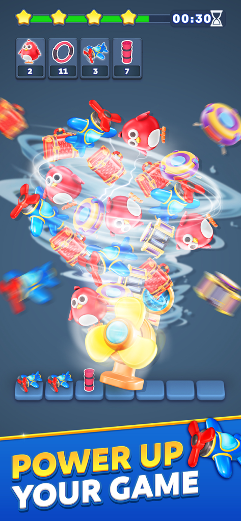 Match Hotel - 3D Puzzle Game - A whirlwind power up effect swirling 3D items in Match Hotel puzzle game