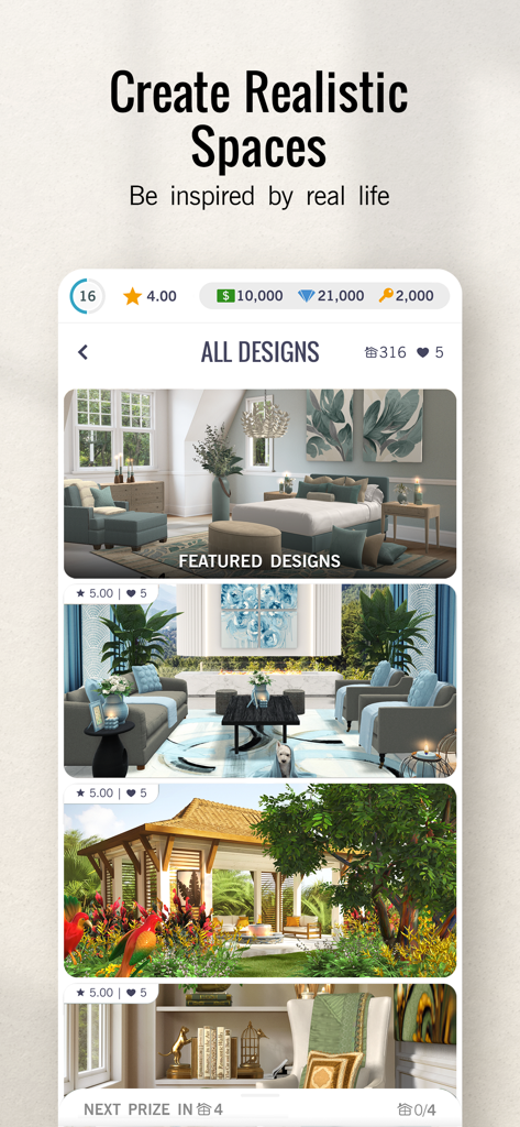 Design Home™: House Makeover - A mobile app interface showcasing realistic interior and exterior home designs
