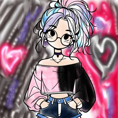 girl with a messy ponytail glasses a baggy crop top and jean shorts