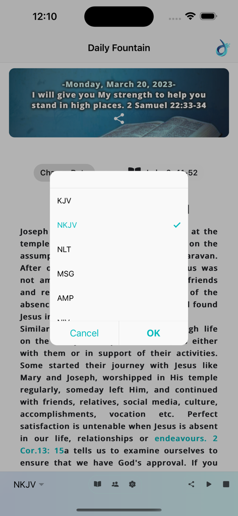 Menu di selezione della versione biblica nell'app Daily Fountain Devotional.