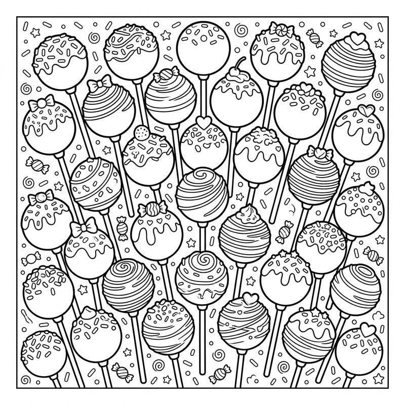 Dive into a world of delicious fun with this charming cake pops coloring page. Featuring a delightful array of treats, it's perfect for a sweet and relaxing creative session.