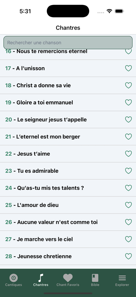 Joy of Missionアプリの画面に、フランス語のキリスト教賛美歌のリストが表示されている