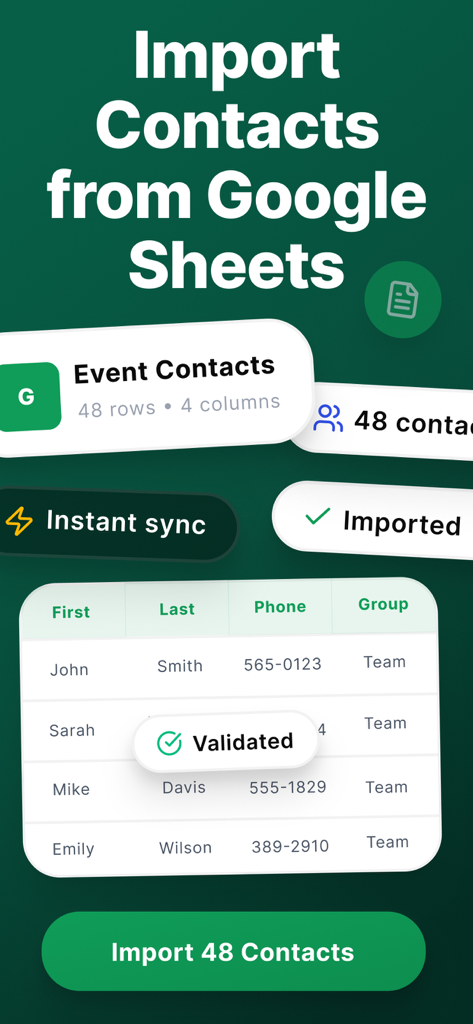 Quick Send: Mass Text Message - Interface showing contact import from Google Sheets for mass text messaging