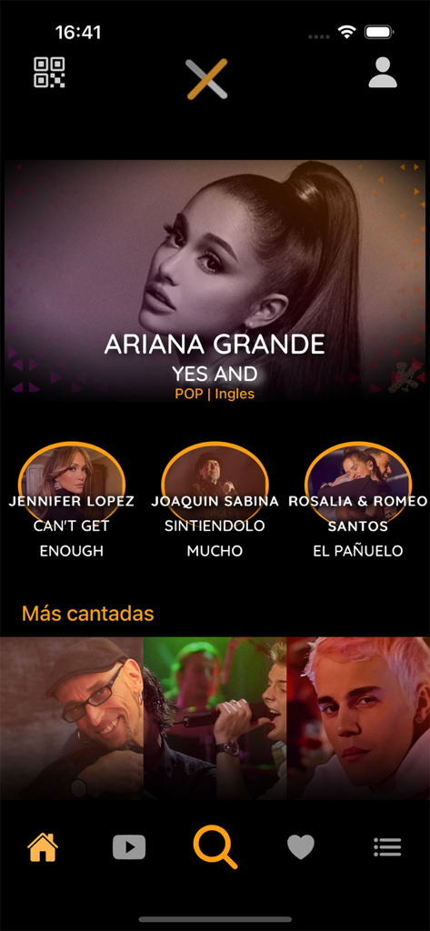 Listados KaraokeMedia ProX - Interface of the KaraokeMedia ProX mobile app showing trending karaoke songs and popular artists for digital song requests.