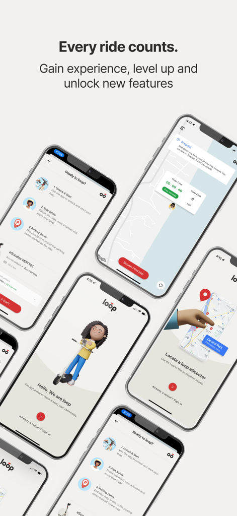 Multiple smartphone screens displaying the loop Scooter Egypt app interface for electric scooter sharing