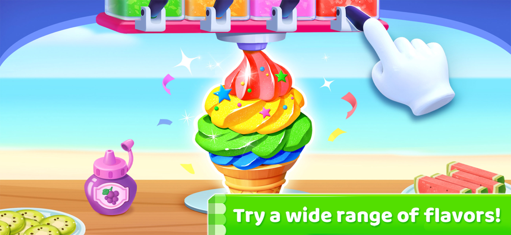 A colorful rainbow ice cream cone being prepared in the Little Panda's Ice Cream Game