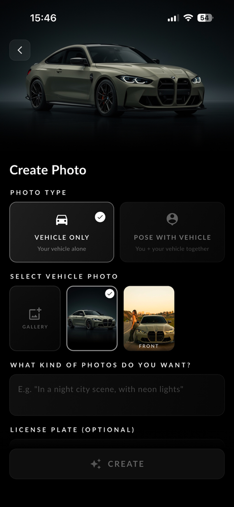 Car Modification AI - Carpeak - Interfaz de la aplicación Carpeak mostrando la pantalla Crear Foto con opciones para la generación de imágenes de coches con IA