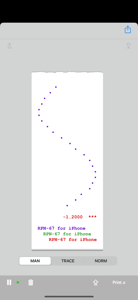 RPN-67 SD 계산기 앱의 포인트 플롯과 계산 결과를 보여주는 가상 종이 테이프