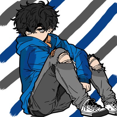 a male hoddie ripped jeans messy hair anime