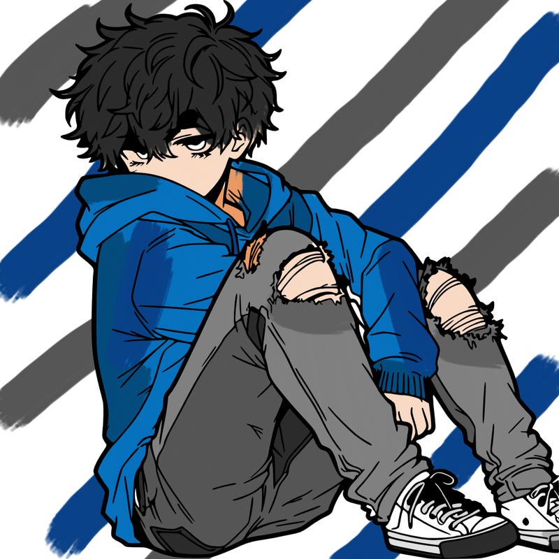a male hoddie ripped jeans messy hair anime