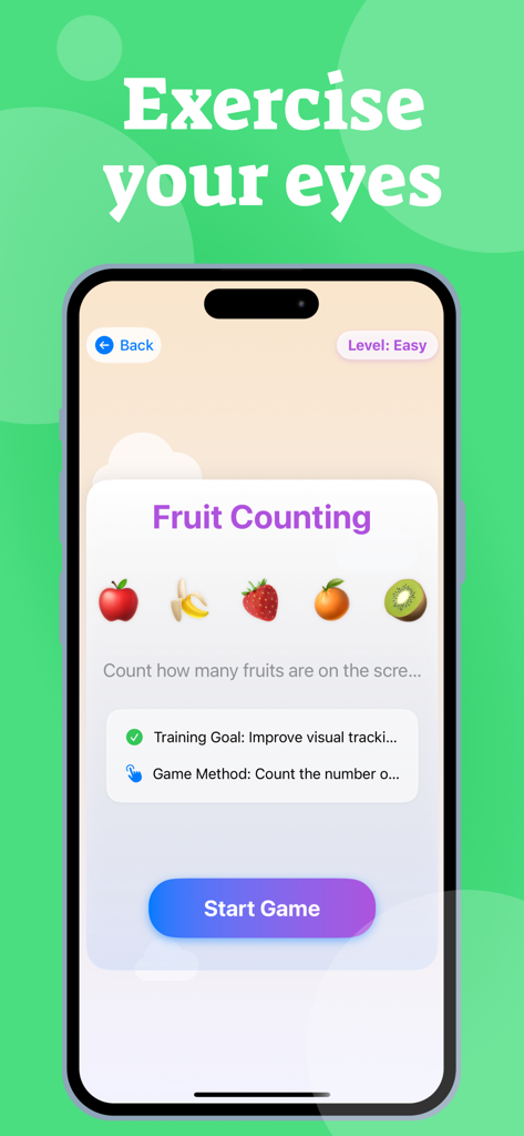 Lazy Eye & Amblyopia Exercise - Fruit counting vision exercise screen for lazy eye and amblyopia training