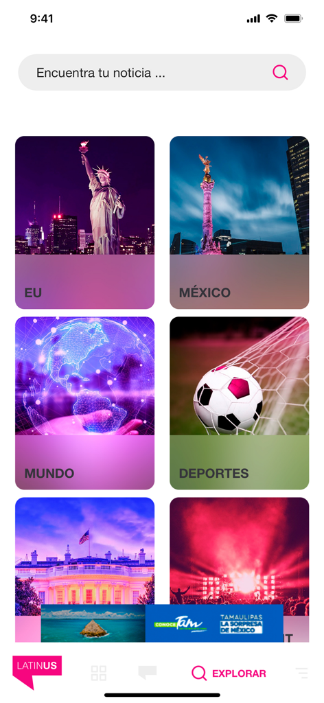 Latinus - Explore screen of the Latinus news app showing categories for Mexico, USA, World, and Sports.