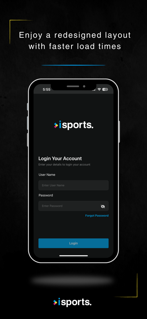 iSports Team - Login screen of the iSports Team mobile app showing fields for user name and password on a dark background.
