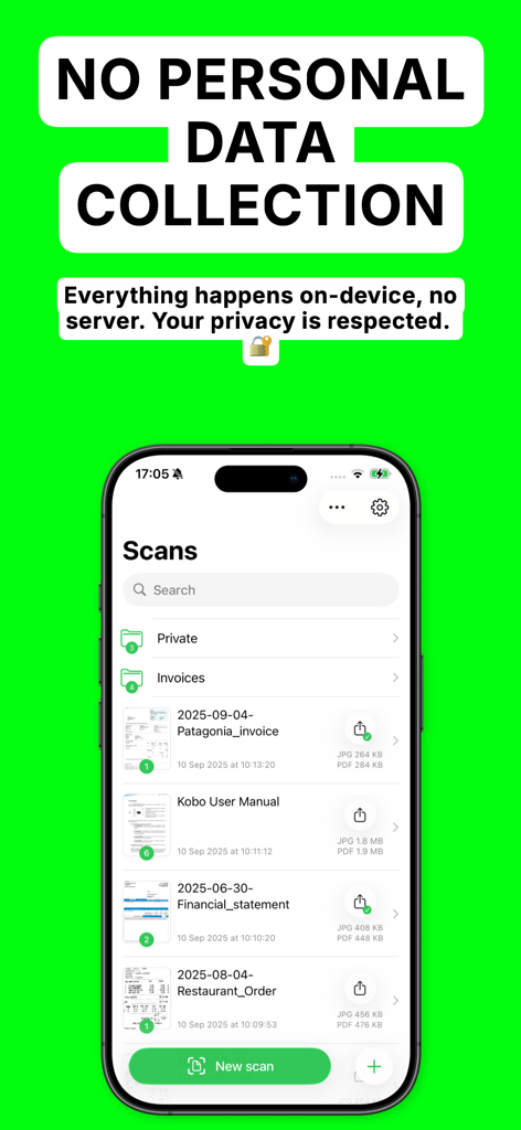QuickScan Enterprise app screen displaying document list and privacy assurance of no personal data collection.