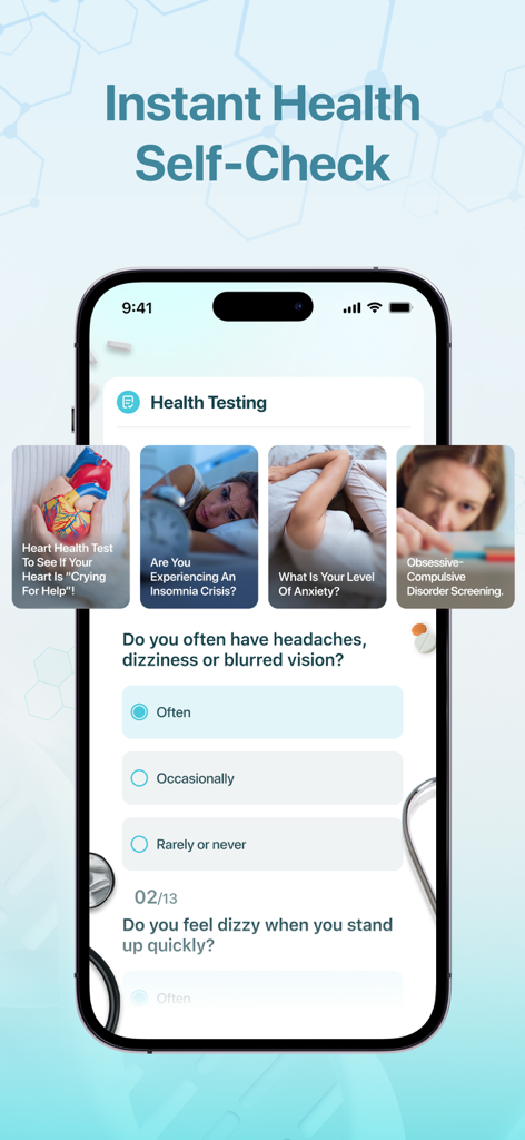 HeartRate Monitor & EZ Fasting - Mobile app interface showing instant health self-check screens with questionnaires for heart health, insomnia, and anxiety.