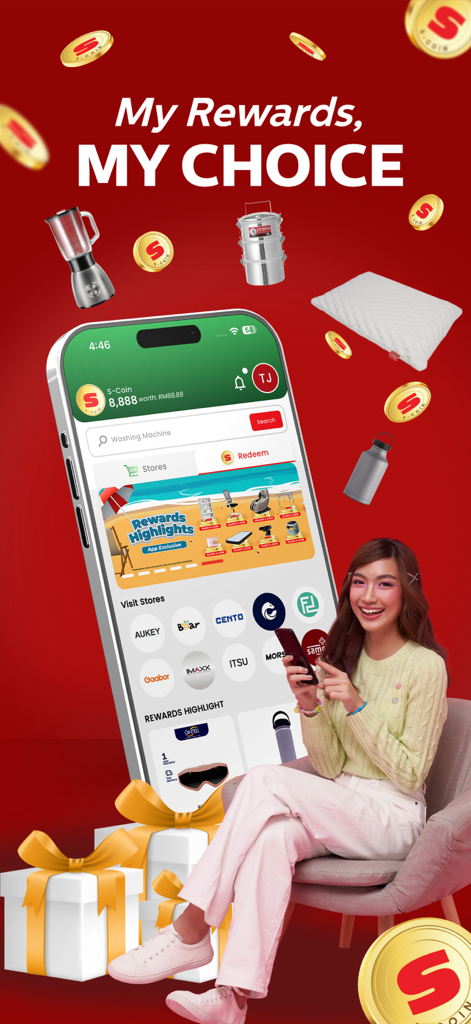 Senheng: Electronics & More - A woman using the Senheng app to browse through electronic products and earn rewards
