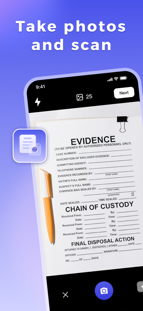 PDF Converter - OCR Reader - スマートフォンの画面。紙のドキュメントをデジタル化するための写真スキャン機能が表示されています