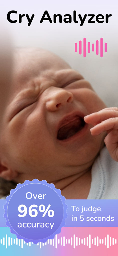 Cry Analyzer + Baby Translator - Tela do aplicativo AYA mostrando um bebê chorando com um rótulo para análise de choro do bebê e 96% de precisão