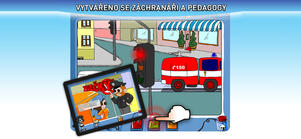 Dopravní výchova - Animierte Benutzeroberfläche für die Verkehrserziehung von Kindern mit einem Feuerwehrauto und Polizisten