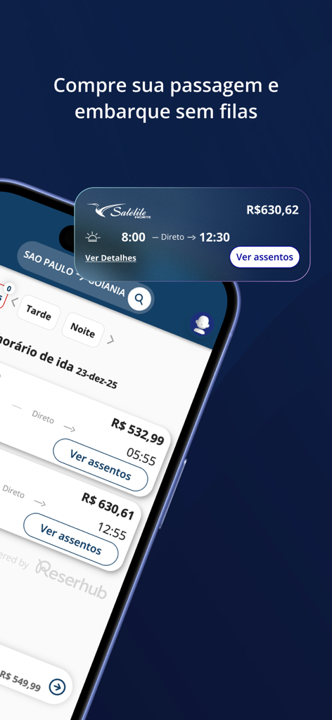 Satelite Norte - Satelite Norte mobile app interface showing bus travel search results for Sao Paulo to Goiania with ticket prices and seat selection.