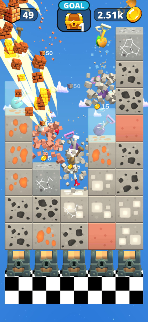 Merge and Dig - Uno screenshot di gioco di Merge and Dig che mostra strumenti che distruggono blocchi colorati per raccogliere monete e raggiungere un forziere obiettivo