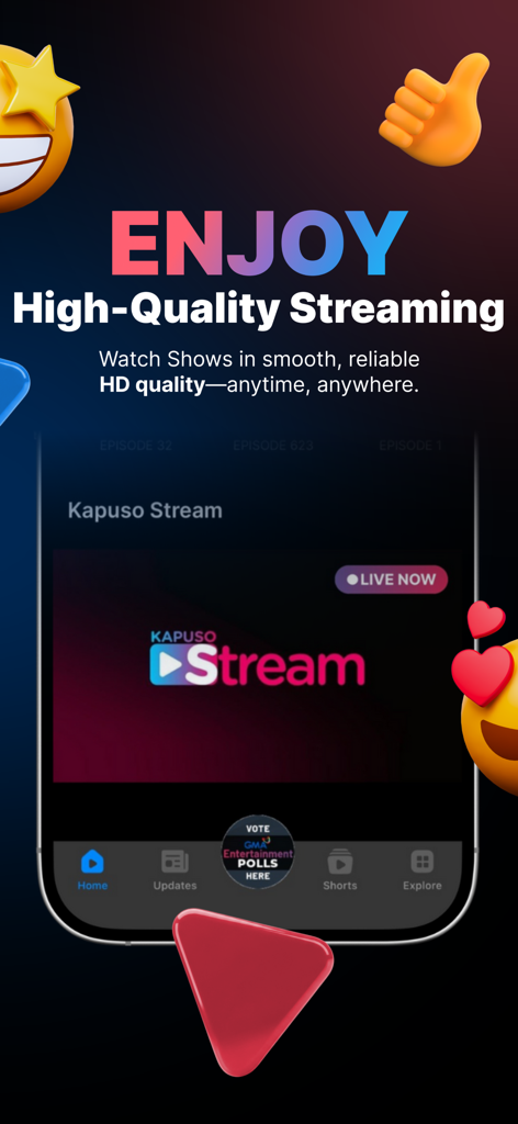 GMA Play app interface promoting high quality HD video streaming for Filipino shows